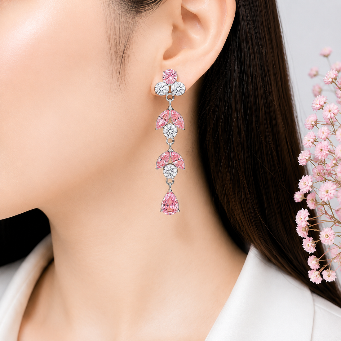 Elegant Pink Crystal Drop Earrings in Silver Finish