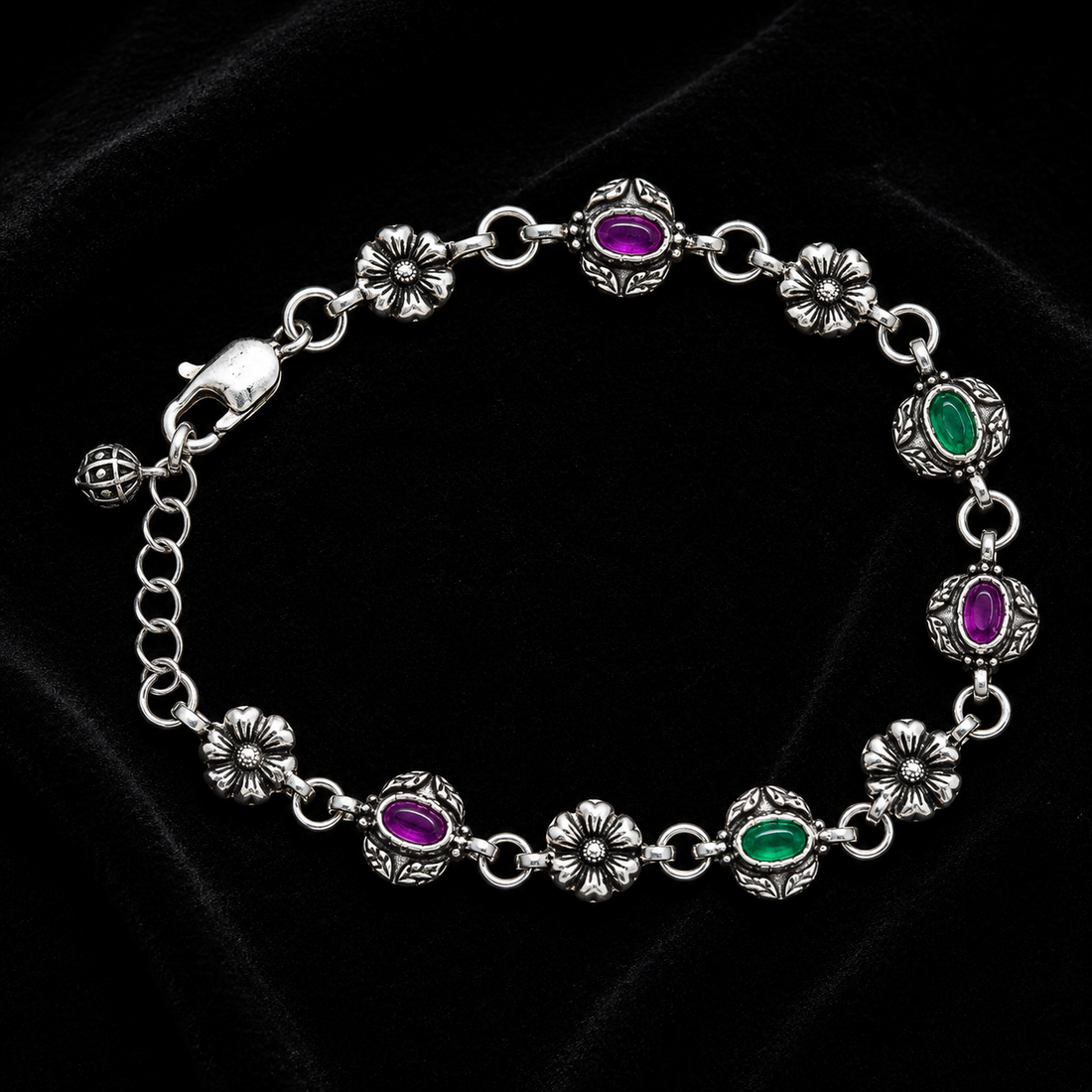 925 Sterling Silver Floral Gemstone Bracelet | Handmade Oxidized Silver Bracelet for Women