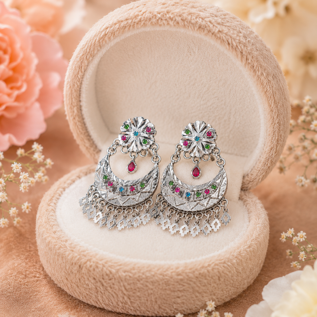 Luxury Oxidized Silver Boho Earrings with Multicolor Stones