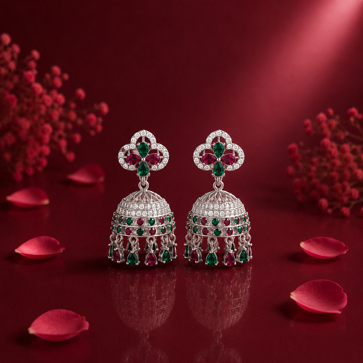 Elegant Silver Jhumka Earrings with Ruby & Emerald Stone Design