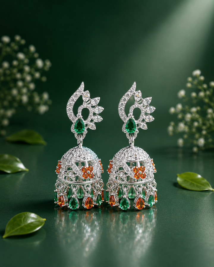 Designer Silver Jhumka Earrings with Emerald Green & Orange Stones