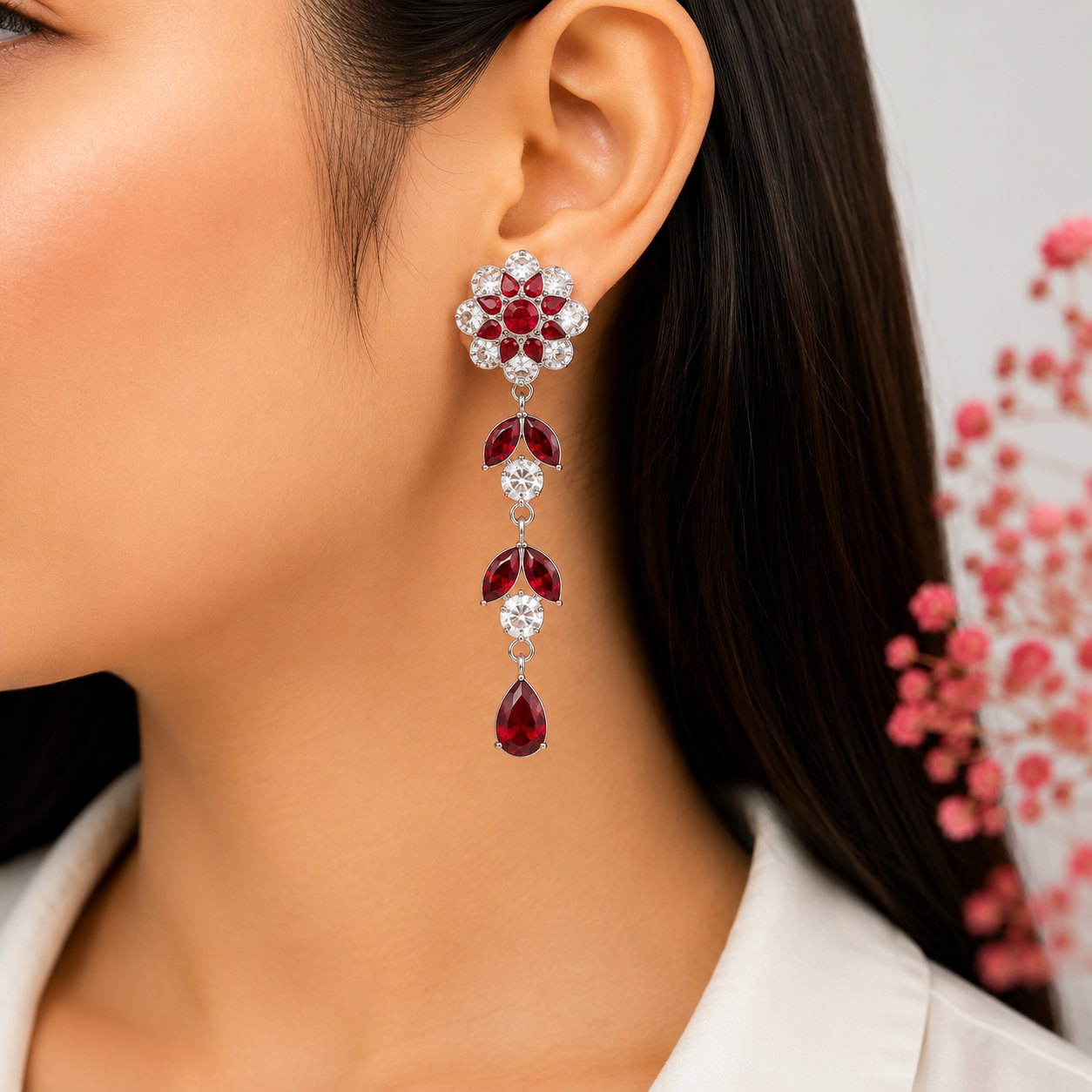 Elegant Ruby Red Floral Drop Earrings in Silver Finish