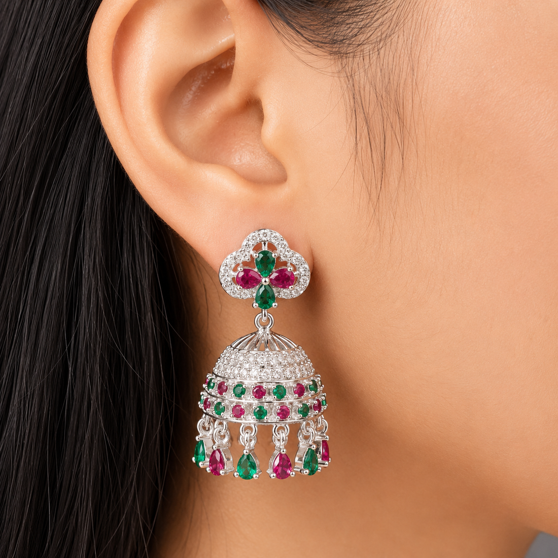 Elegant Silver Jhumka Earrings with Ruby & Emerald Stone Design