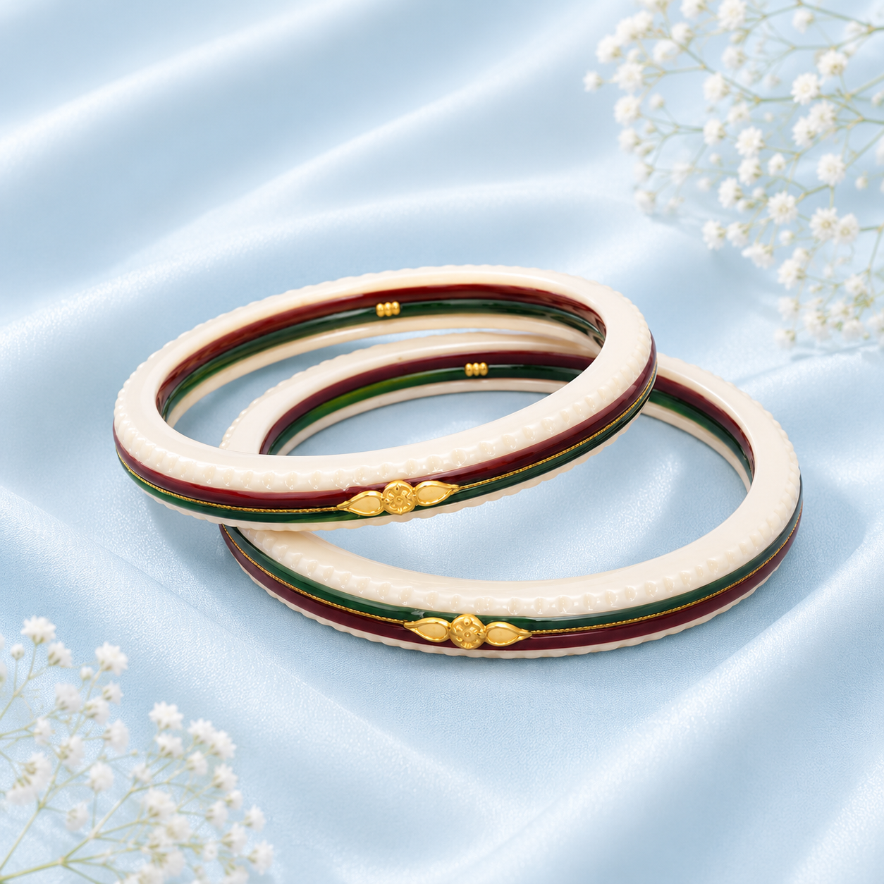 Gold Ivory Red Green Bangles - Traditional Elegance