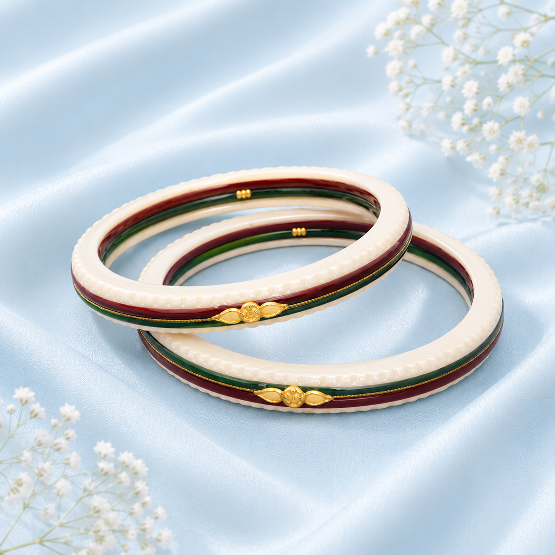 Gold Ivory Red Green Bangles - Traditional Elegance