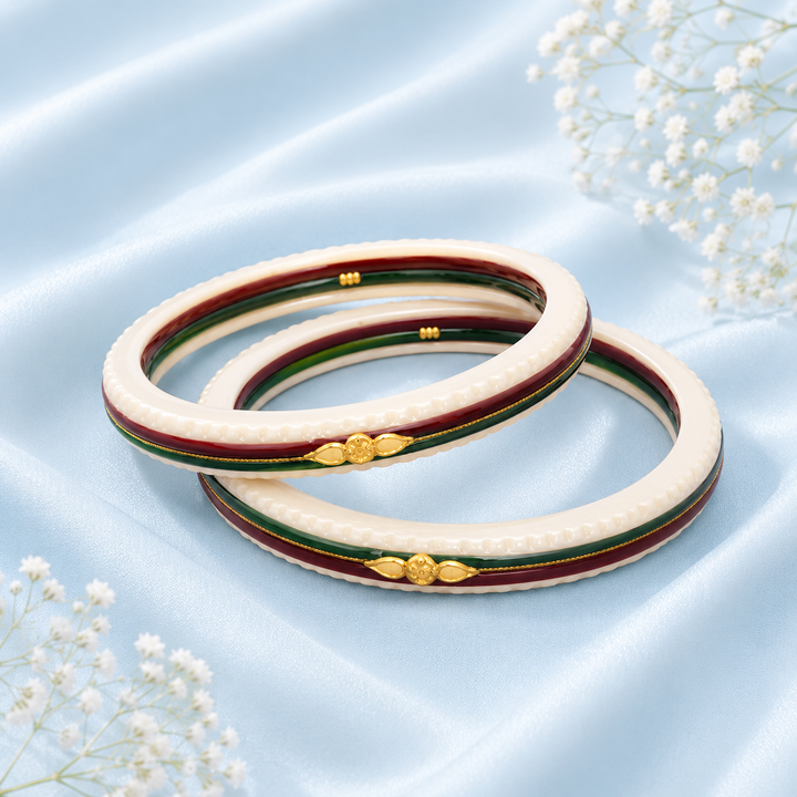 Gold Ivory Red Green Bangles - Traditional Elegance