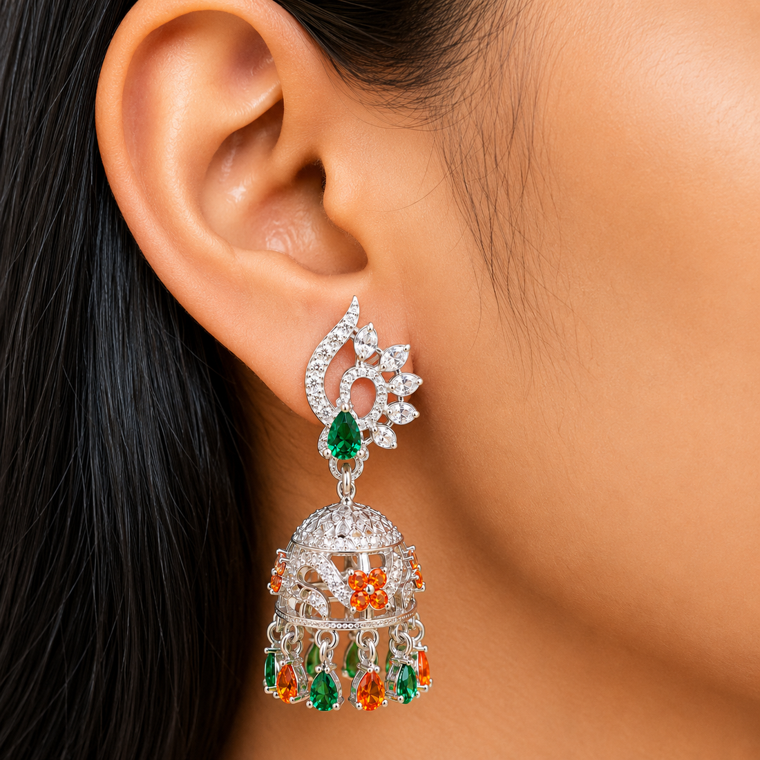 Designer Silver Jhumka Earrings with Emerald Green & Orange Stones