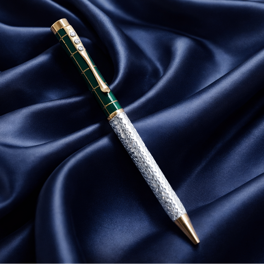 Exquisite Green & Textured Silver Dual-Tone Luxury Pen