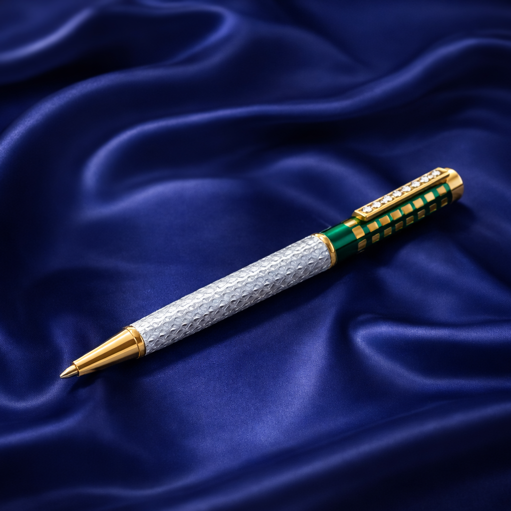 Luxurious Gold and Silver Textured Rollerball Pen with Emerald Green Accents