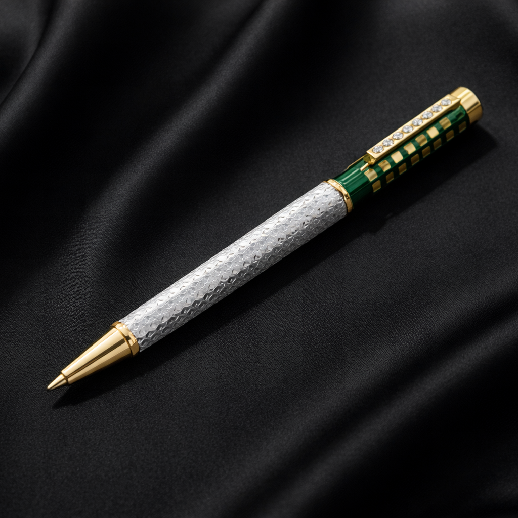 Luxurious Gold and Silver Textured Rollerball Pen with Emerald Green Accents