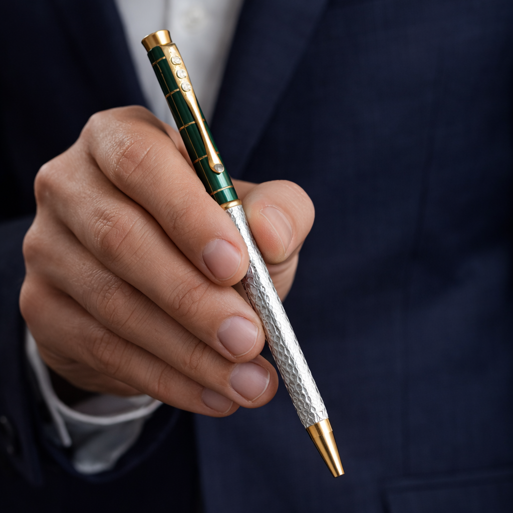 Exquisite Green & Textured Silver Dual-Tone Luxury Pen