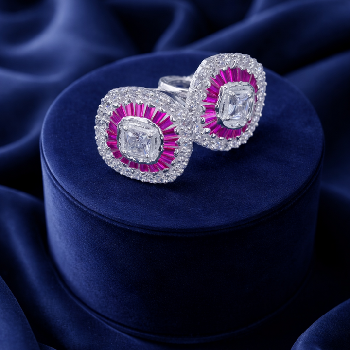 Silver Square Halo Pink Stone Toe Ring Pair