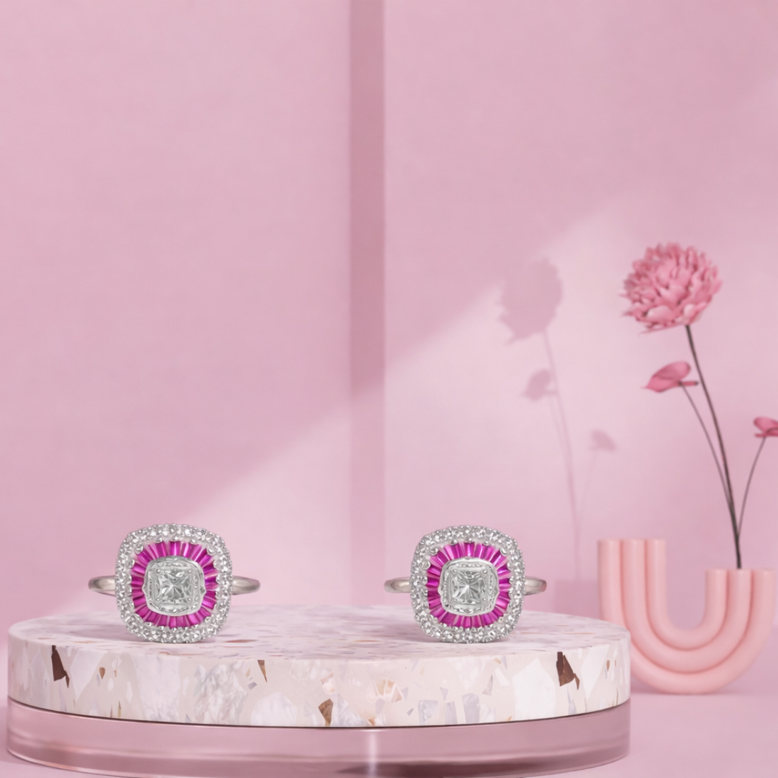 Silver Square Halo Pink Stone Toe Ring Pair