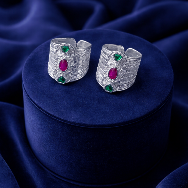 Elegant Silver Ethnic Toe Ring Ruby Accents