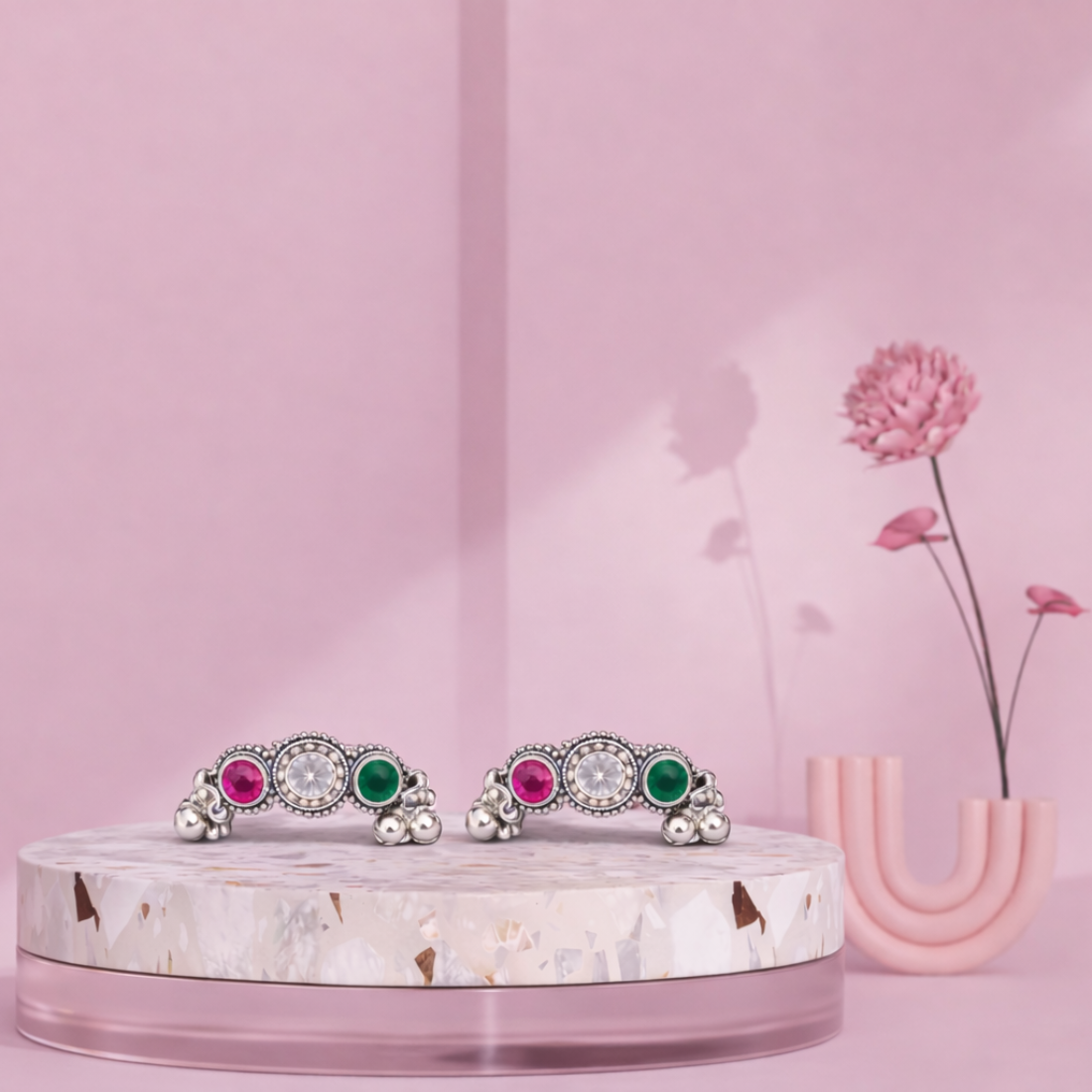 Silver Multicolor Stone Toe Rings