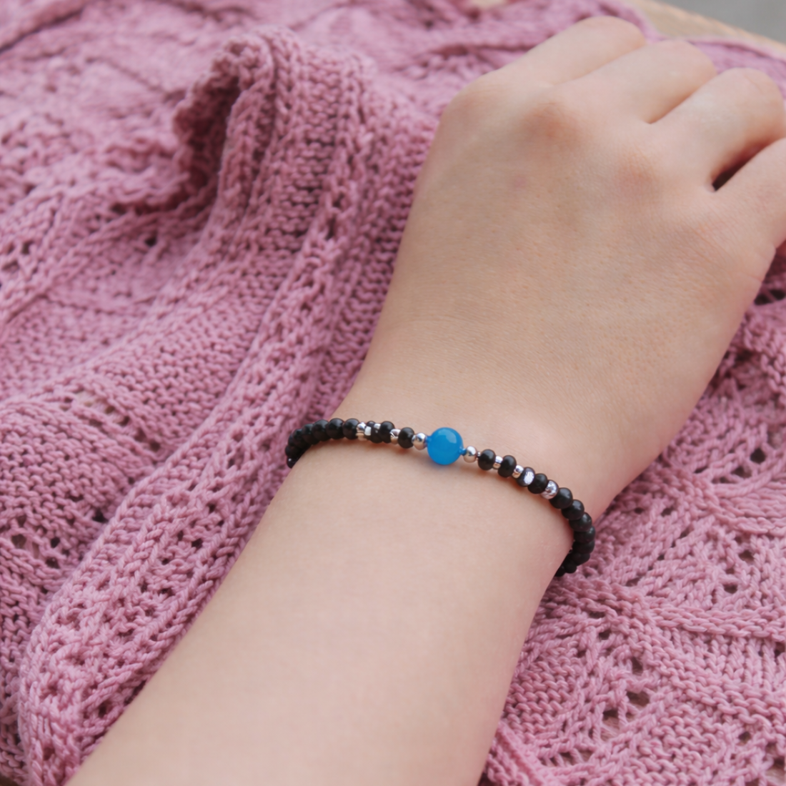 Radiant Blue Agate Black Beaded Bracelet