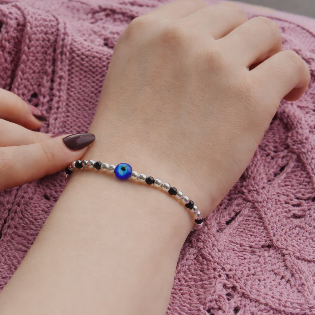 Protective Evil Eye Beaded Silver Bracelet