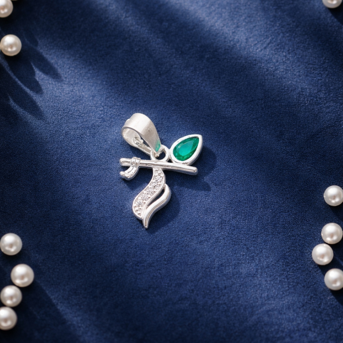 Silver Krishna Flute Peacock Feather Pendant