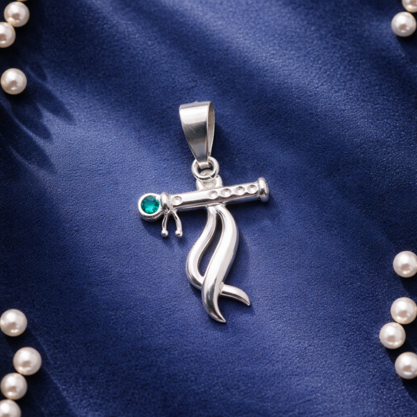 Silver Krishna Flute Minimalist Green Pendant