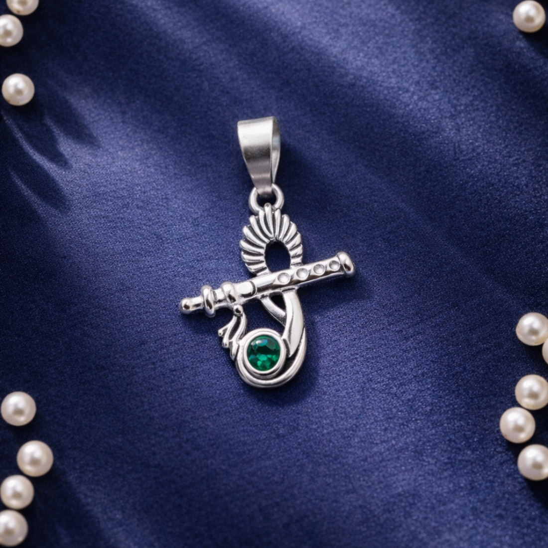 Silver Emerald Feather Pendant - Sacred Flute Design - Balaji Jewellers