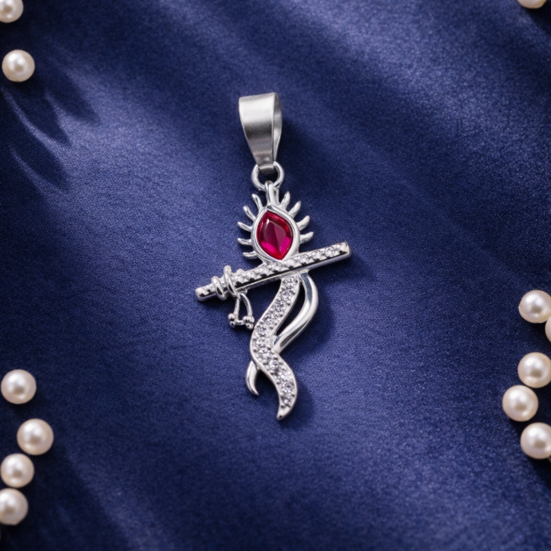 Elegant Silver Krishna Flute Feather Pendant