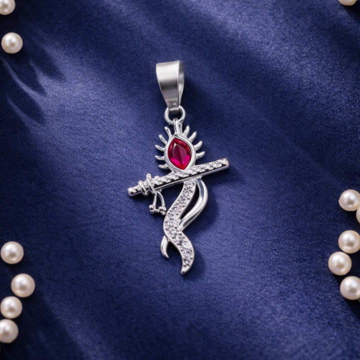 Elegant Silver Krishna Flute Feather Pendant