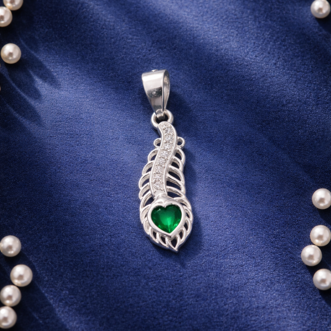 Silver Heart Peacock Feather Pendant