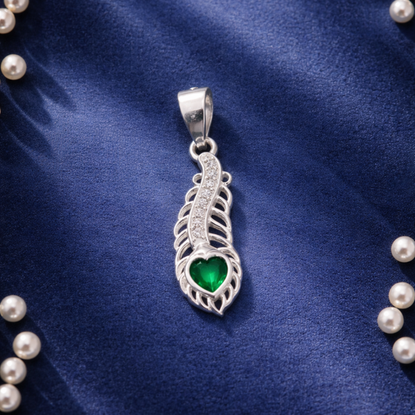 Silver Heart Peacock Feather Pendant
