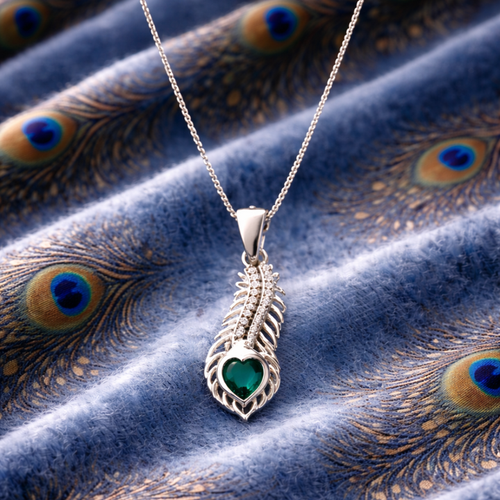Silver Heart Peacock Feather Pendant