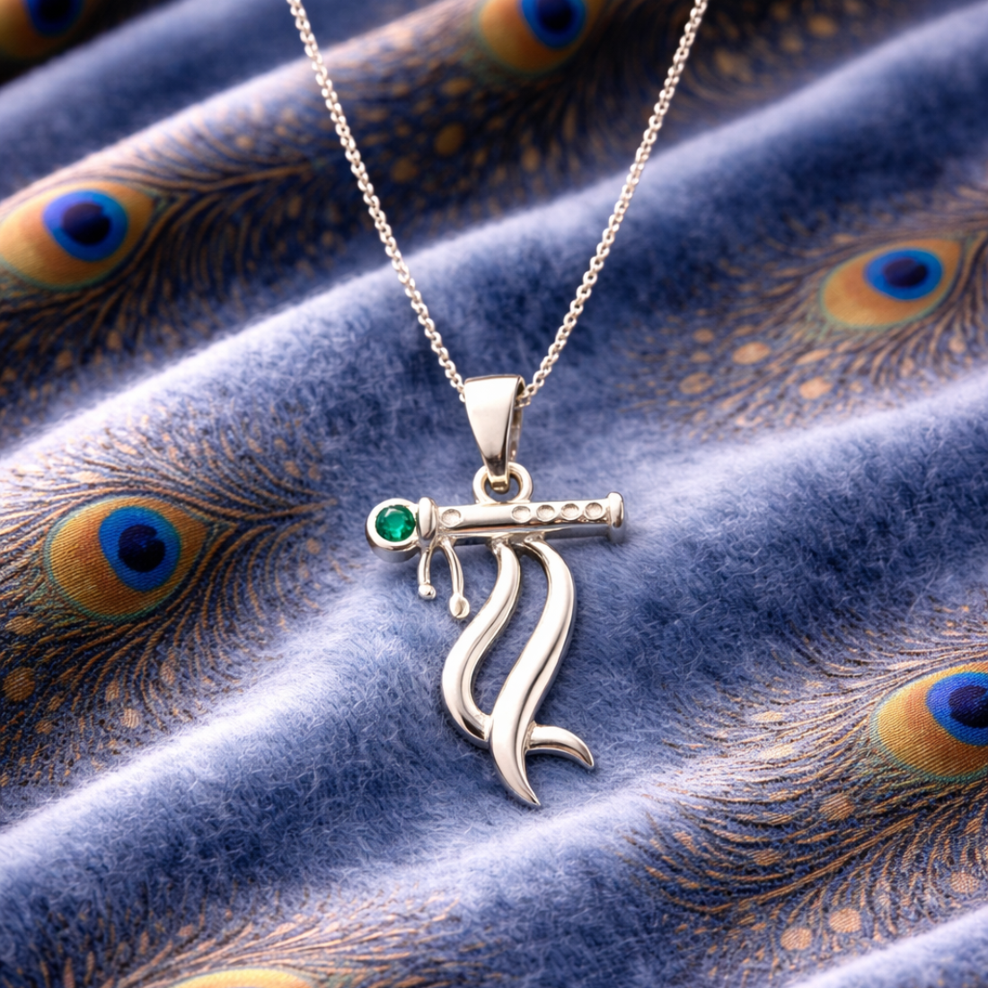 Silver Krishna Flute Minimalist Green Pendant