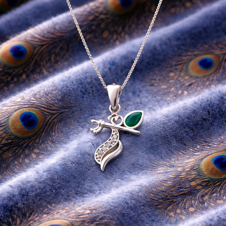 Silver Krishna Flute Peacock Feather Pendant