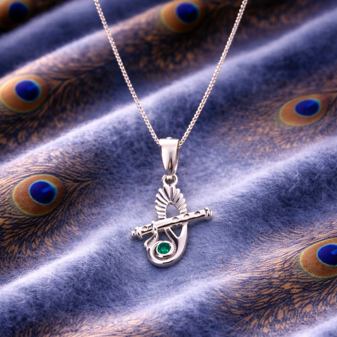 Silver Emerald Feather Pendant - Sacred Flute Design - Balaji Jewellers