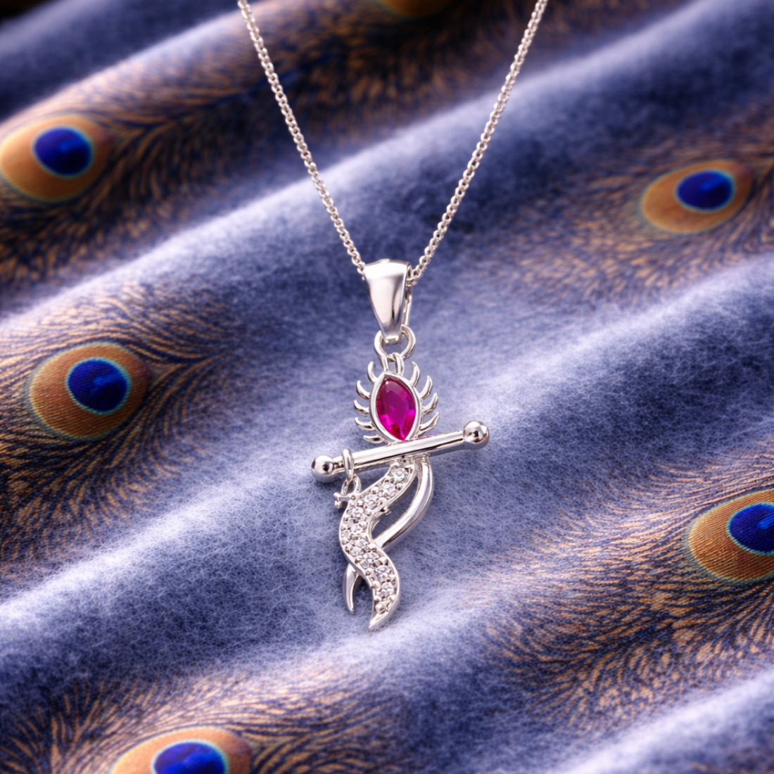 Elegant Silver Krishna Flute Feather Pendant