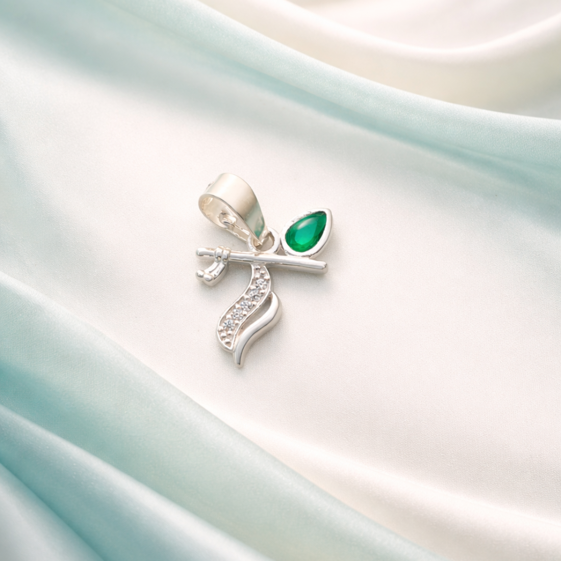 Silver Krishna Flute Peacock Feather Pendant