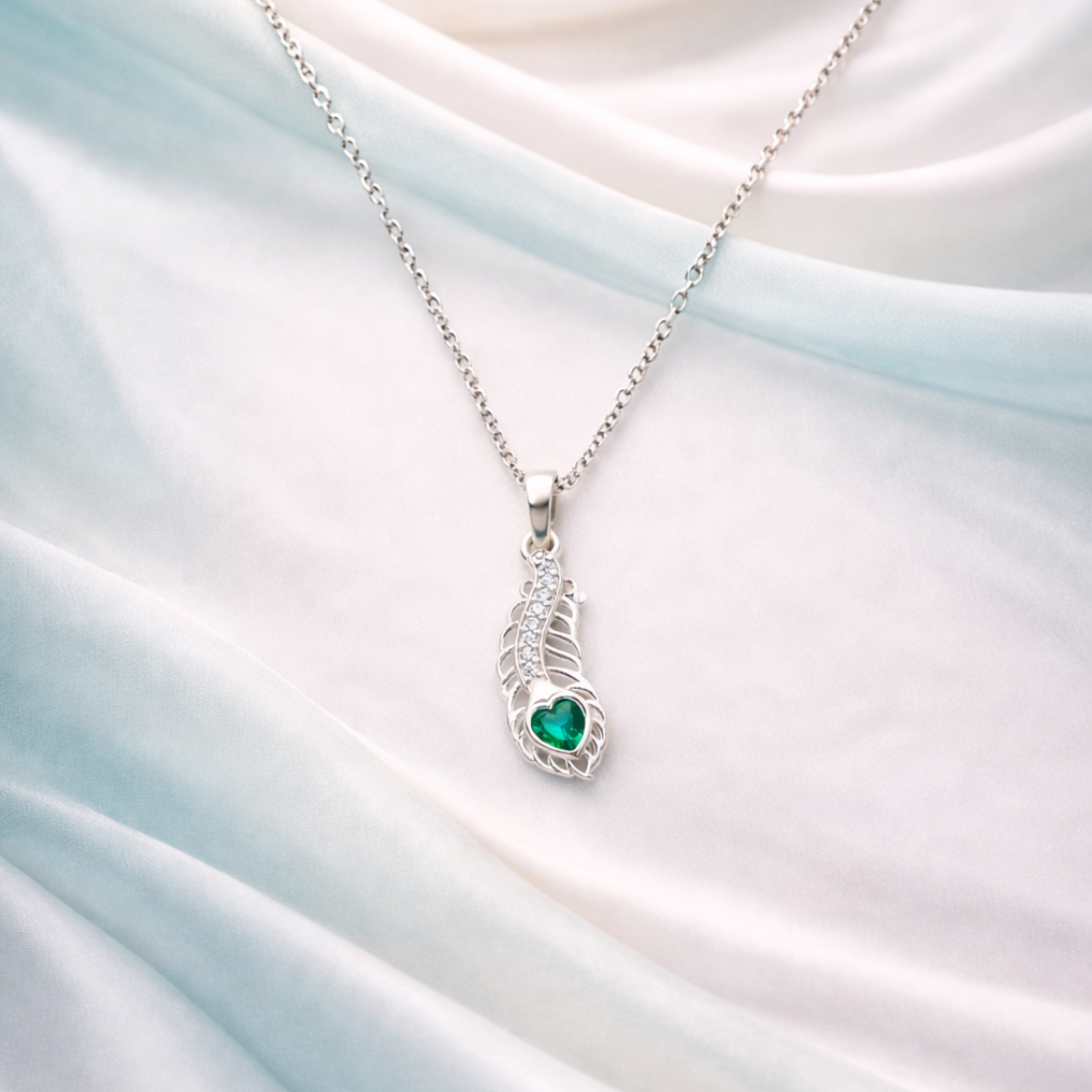 Silver Heart Peacock Feather Pendant