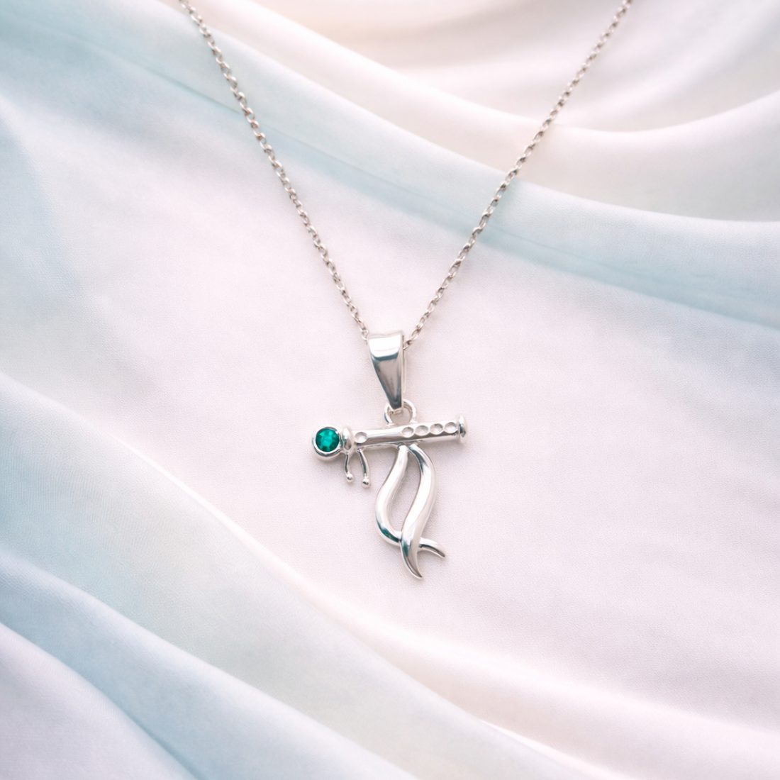 Silver Krishna Flute Minimalist Green Pendant
