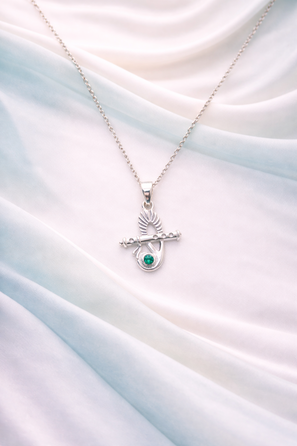 Silver Emerald Feather Pendant - Sacred Flute Design - Balaji Jewellers
