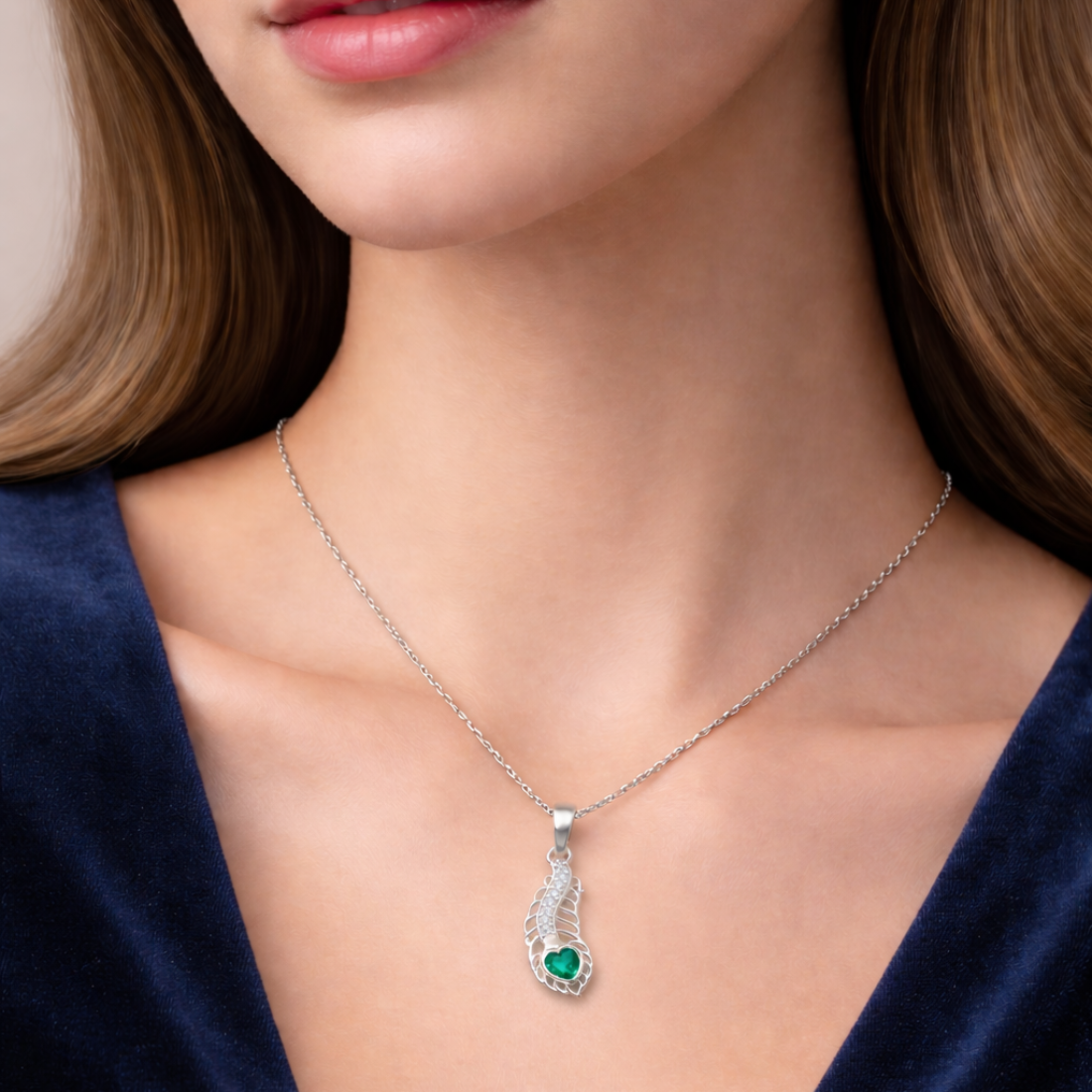 Silver Heart Peacock Feather Pendant
