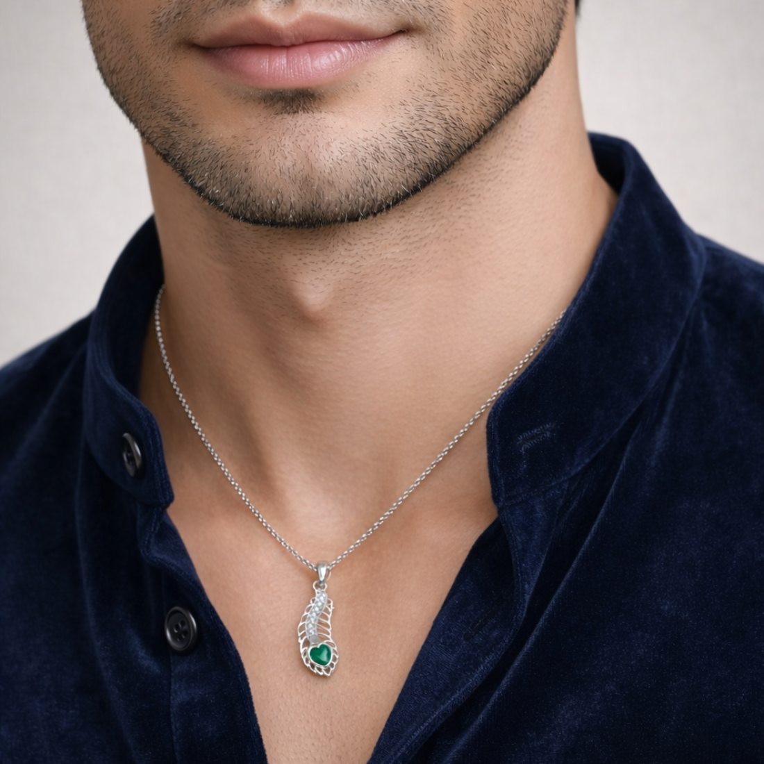 Silver Heart Peacock Feather Pendant