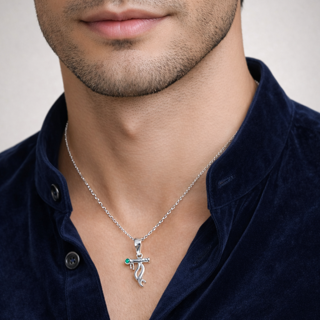 Silver Krishna Flute Minimalist Green Pendant