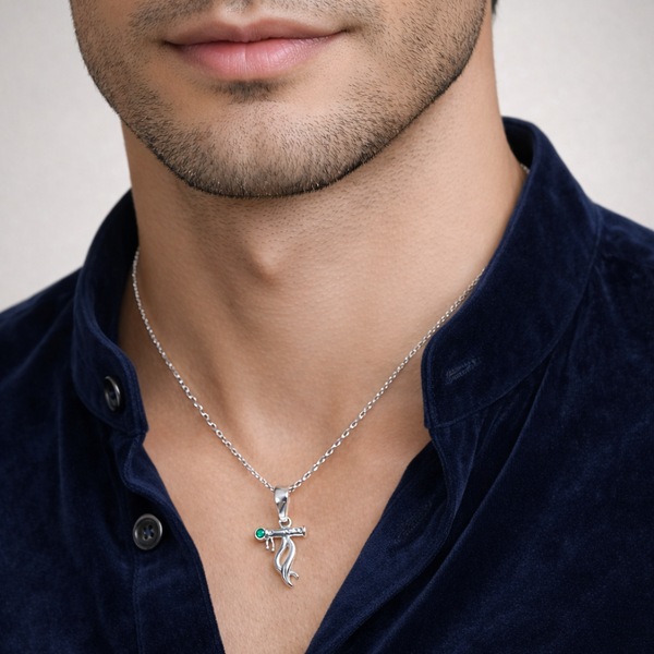 Silver Krishna Flute Minimalist Green Pendant