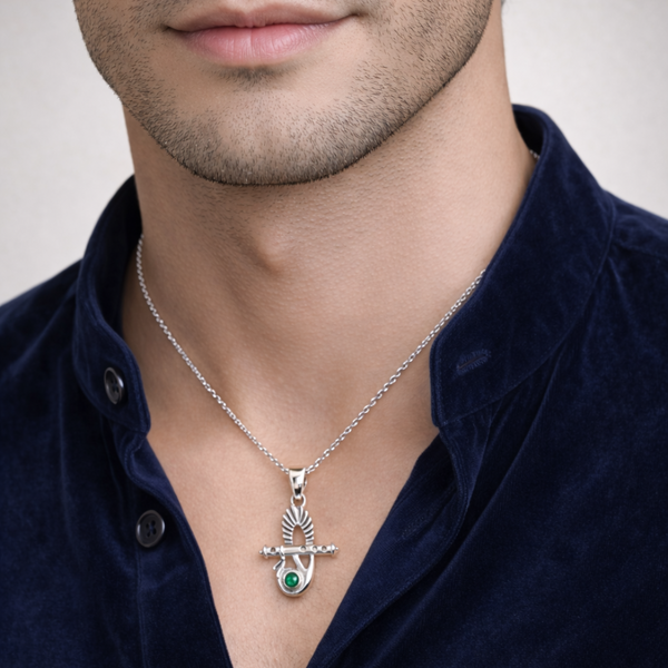 Sacred Flute Silver Emerald Feather Pendant