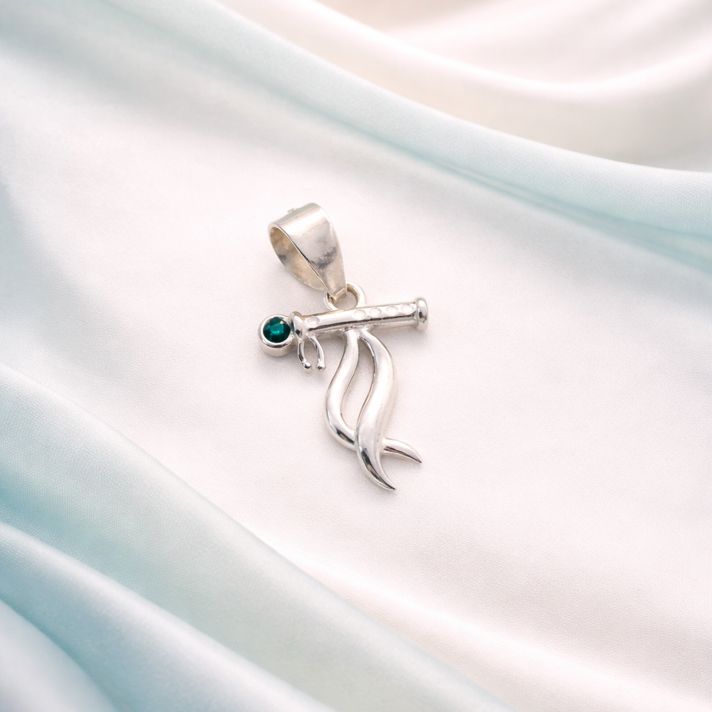 Silver Krishna Flute Minimalist Green Pendant