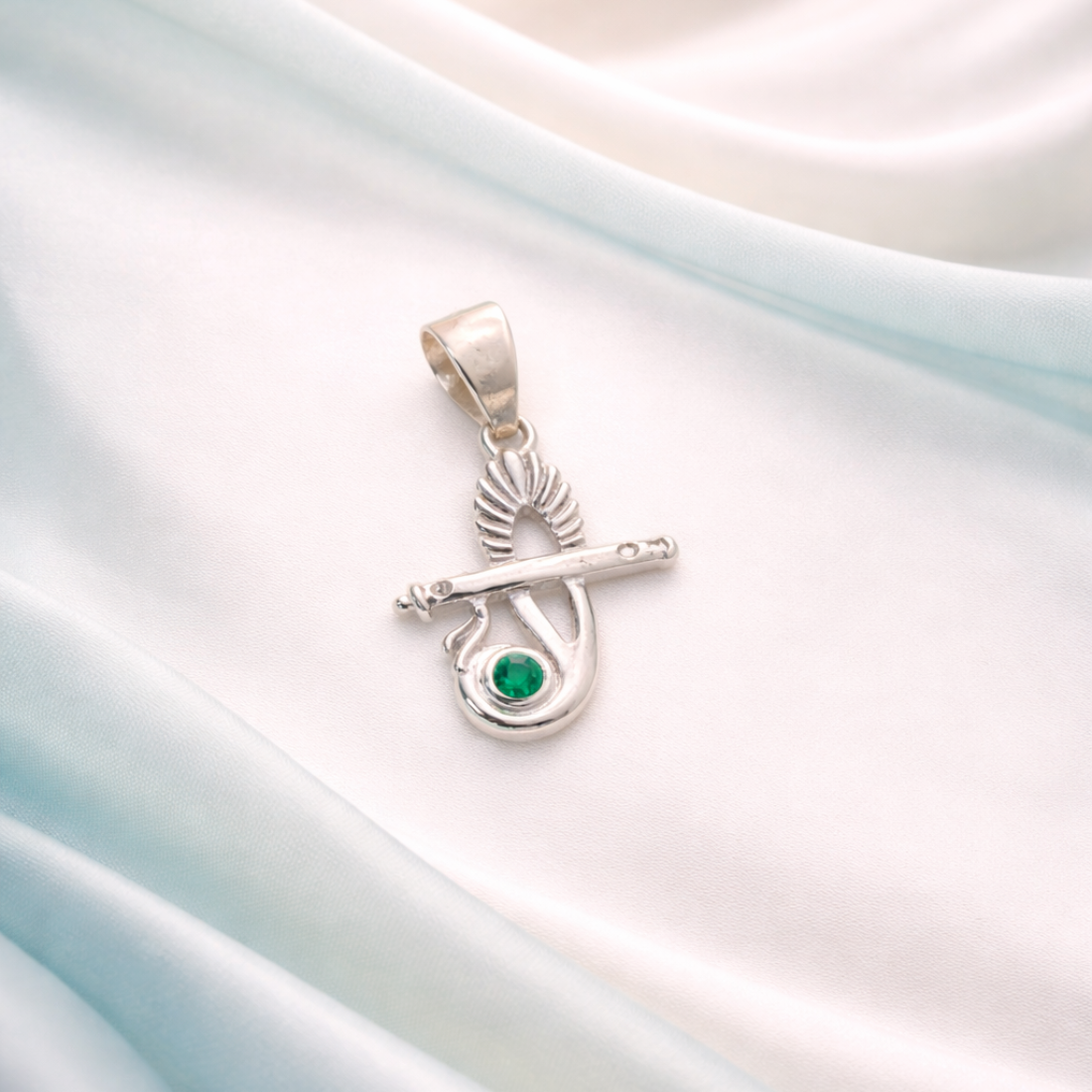Silver Emerald Feather Pendant - Sacred Flute Design - Balaji Jewellers