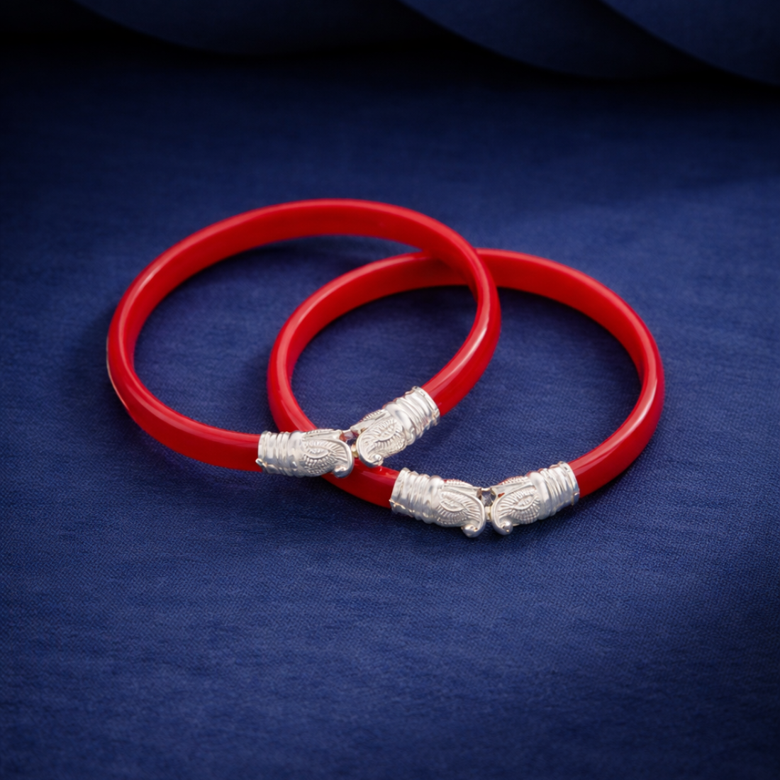 Traditional Silver-Capped Red Coral Polished Bangle Pair