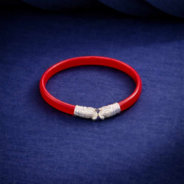 Traditional Silver-Capped Red Coral Polished Bangle Pair