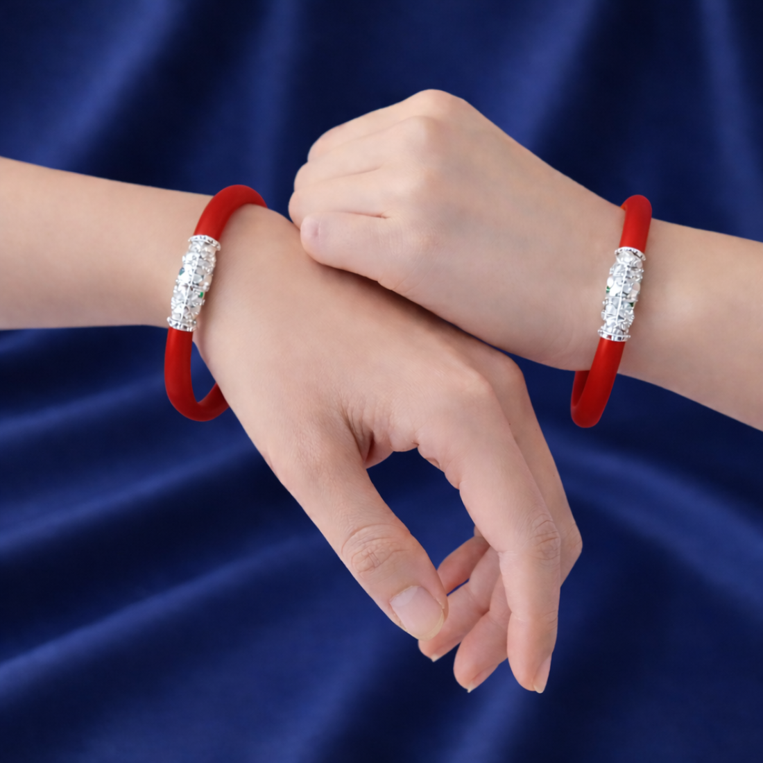 Traditional Silver-Capped Red Coral Polished Bangle Pair