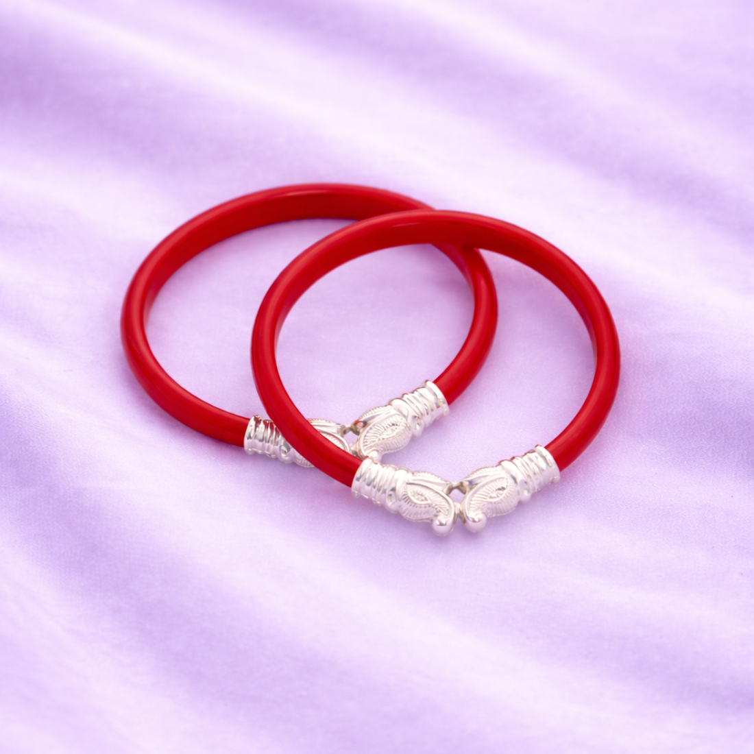 Traditional Silver-Capped Red Coral Polished Bangle Pair
