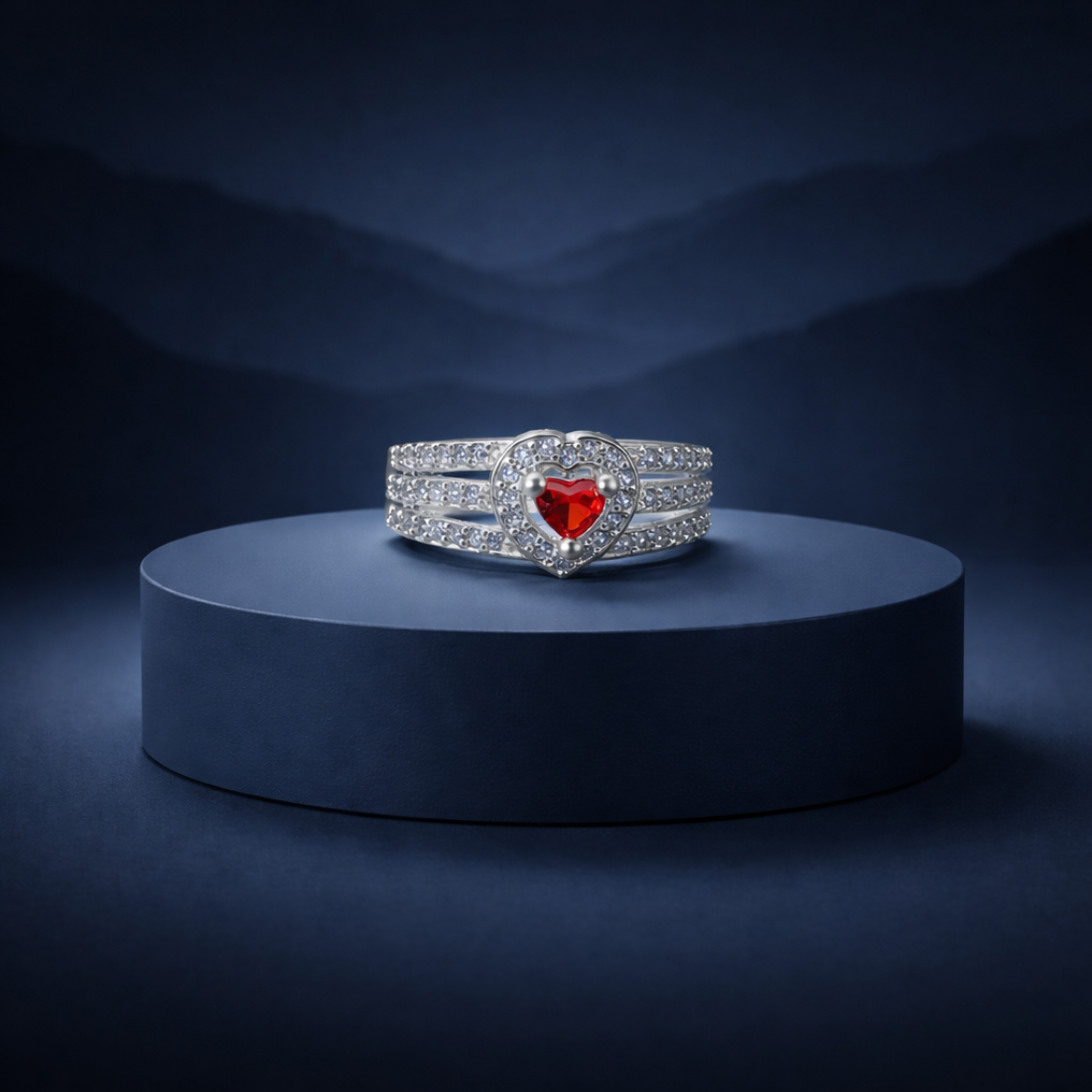 Heart of Crimson Silver Triple Band Ring