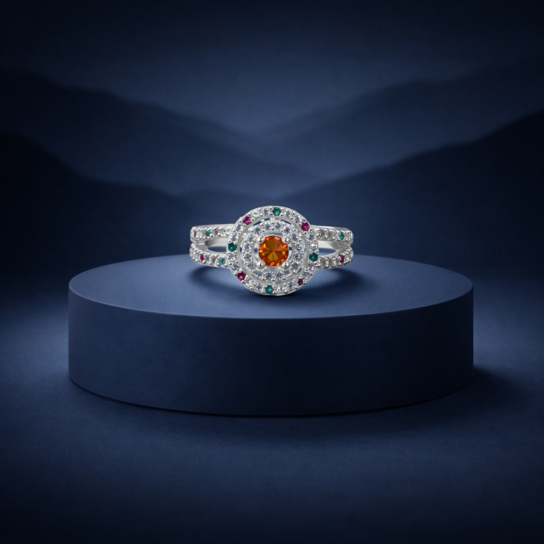 Celestial Multi-Gemstone Halo Silver Ring